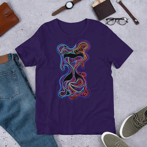 Unisex staple purple t-shirt with vibrant psychedelic abstract neon line art design displayed with jeans, shoes, watch, glasses, and wallet