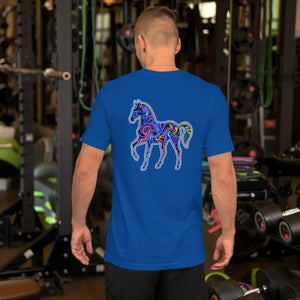 Man wearing true royal blue t-shirt with colorful psychedelic horse design on the back in a gym setting