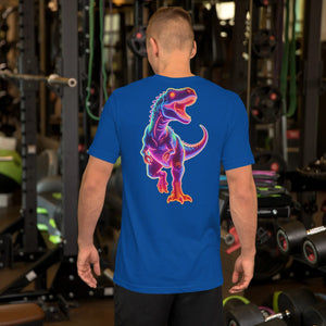 Man wearing true royal blue t-shirt with neon glowing dinosaur graphic in gym setting