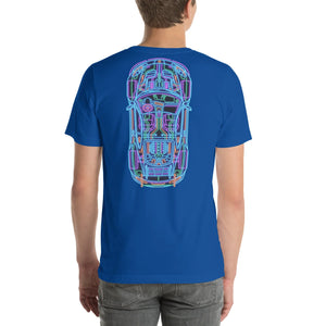 Man wearing true royal blue unisex t-shirt with neon-style colorful car blueprint graphic on the back