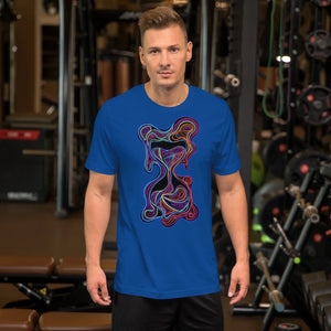 man in gym wearing true royal blue unisex t-shirt with colorful psychedelic abstract design
