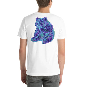 Man wearing white unisex t-shirt with neon psychedelic abstract panda design on back