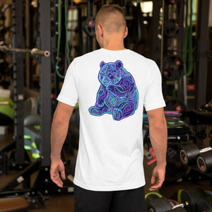 Man wearing white unisex t-shirt with colorful neon psychedelic panda design in gym setting