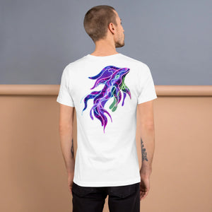 Man wearing white unisex t-shirt with vibrant psychedelic neon squid art on back, colorful streetwear