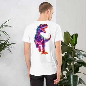 White unisex t-shirt with vibrant neon dinosaur graphic worn by man in casual indoor setting