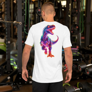 White unisex t-shirt with vibrant neon dinosaur graphic worn by man in gym setting
