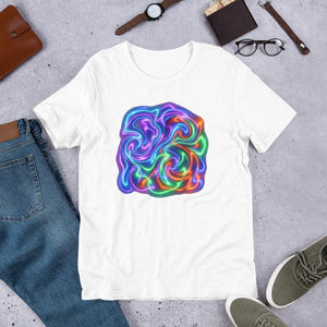 White unisex staple t-shirt featuring a vibrant neon psychedelic swirl design, styled with jeans, brown leather wallet, watch, glasses, and green sneakers