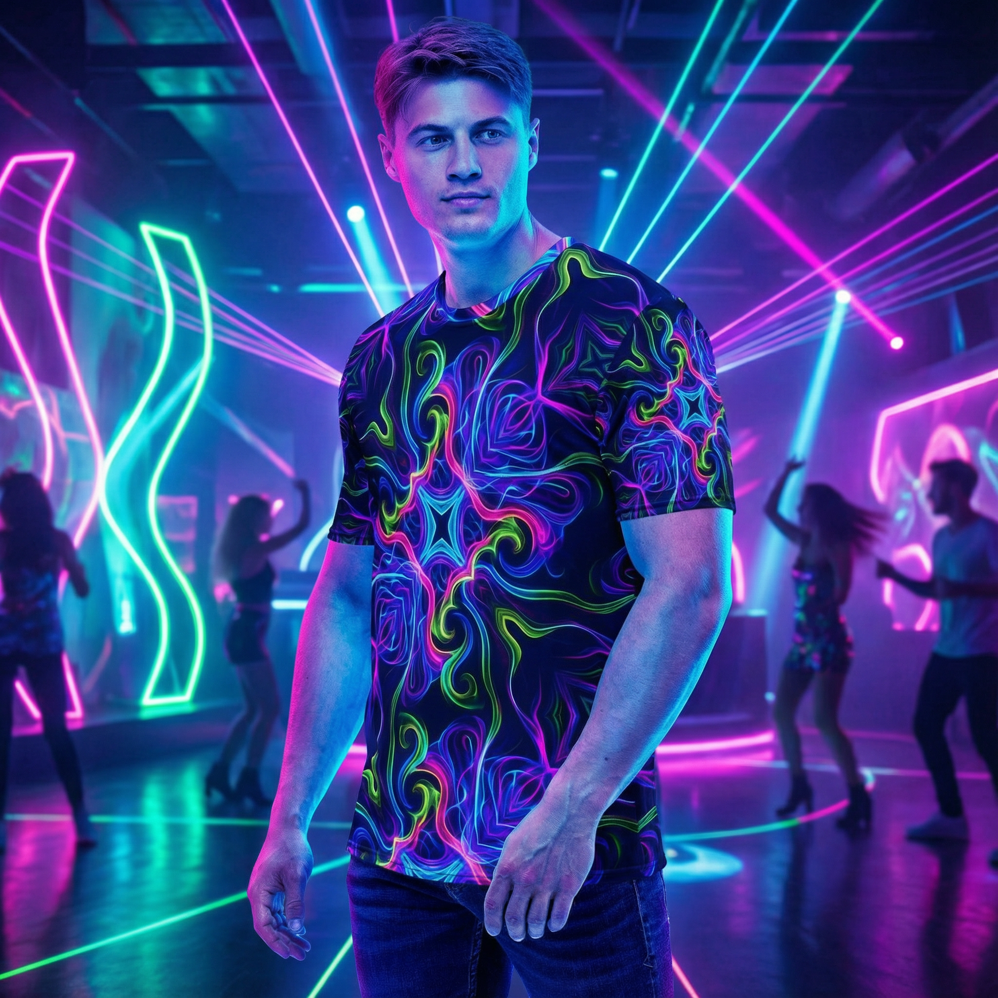 Man wearing vibrant psychedelic neon t-shirt in colorful nightclub with dancing crowd and neon lights