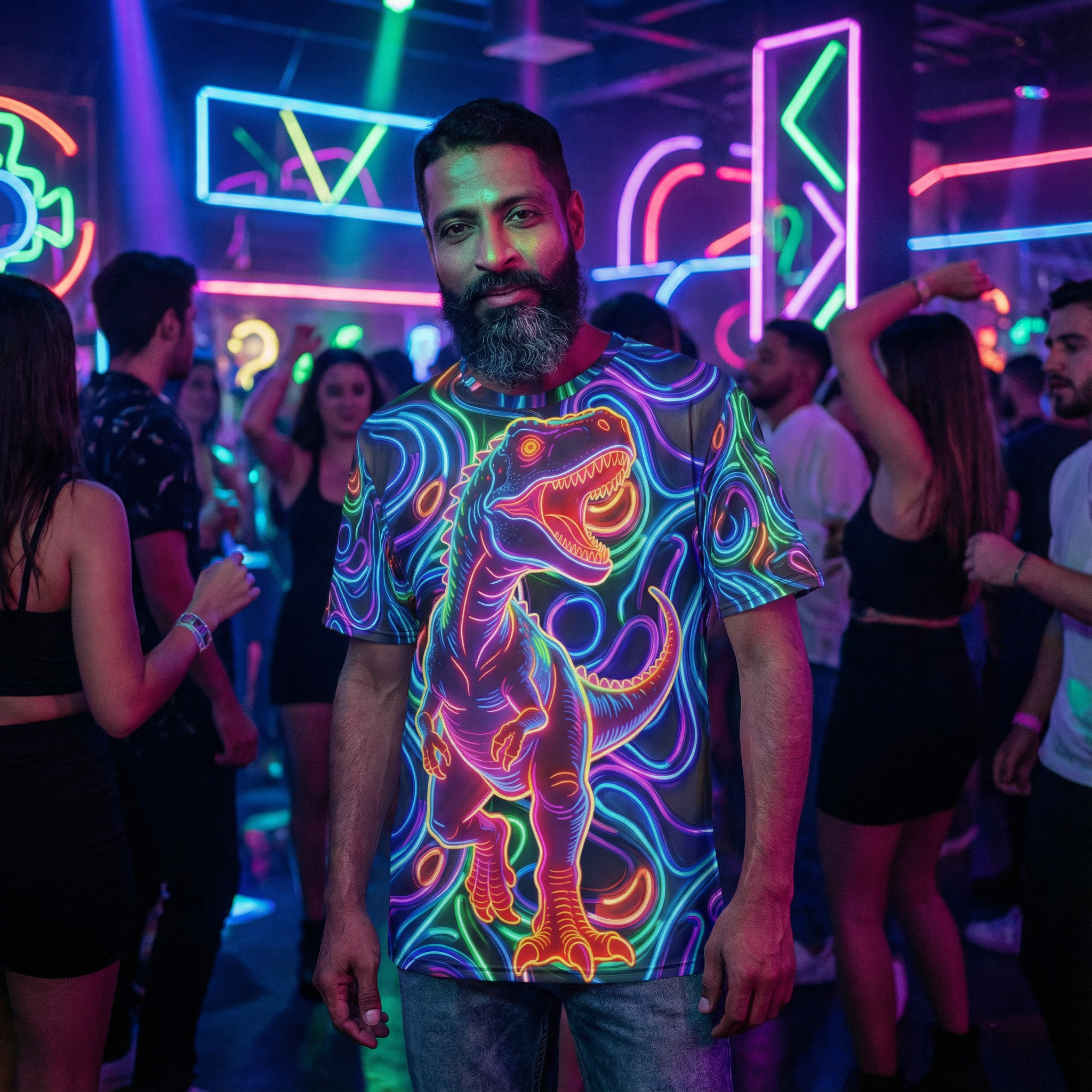 Man with beard wearing neon psychedelic T-shirt featuring glowing dinosaur design at vibrant nightclub with colorful neon lights