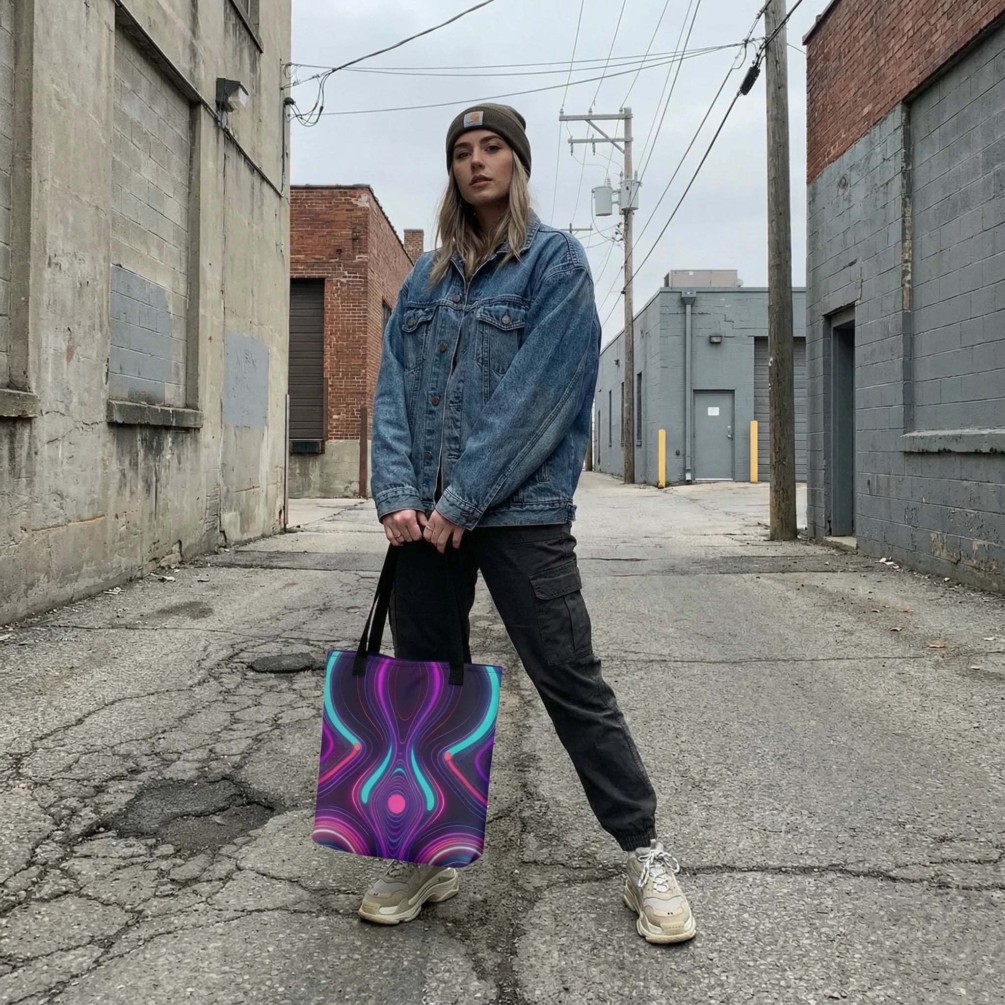 Woman in urban alley wearing denim jacket and beanie, holding neon psychedelic art tote bag