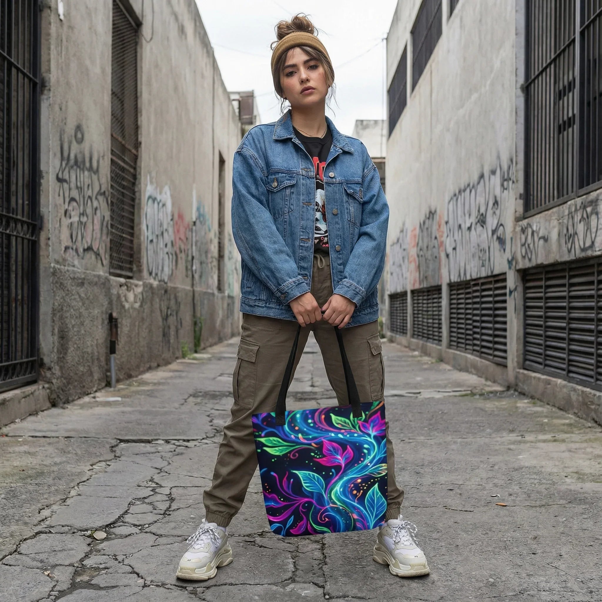Woman in streetwear holding psychedelic neon art tote bag, graffiti alley background