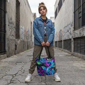 Woman in streetwear holding psychedelic neon art tote bag, graffiti alley background