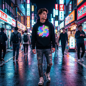 Young man wearing black hoodie with colorful psychedelic design walking on neon-lit street at night