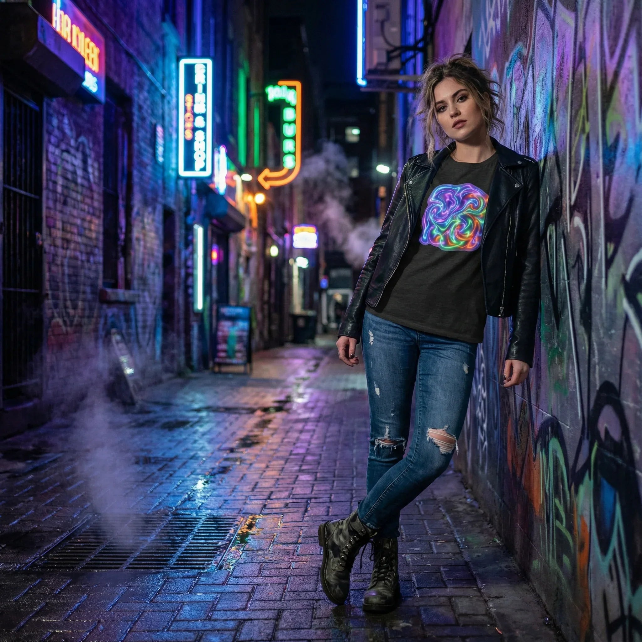 Young woman in neon psychedelic t-shirt and leather jacket leaning on graffiti wall in urban alley at night