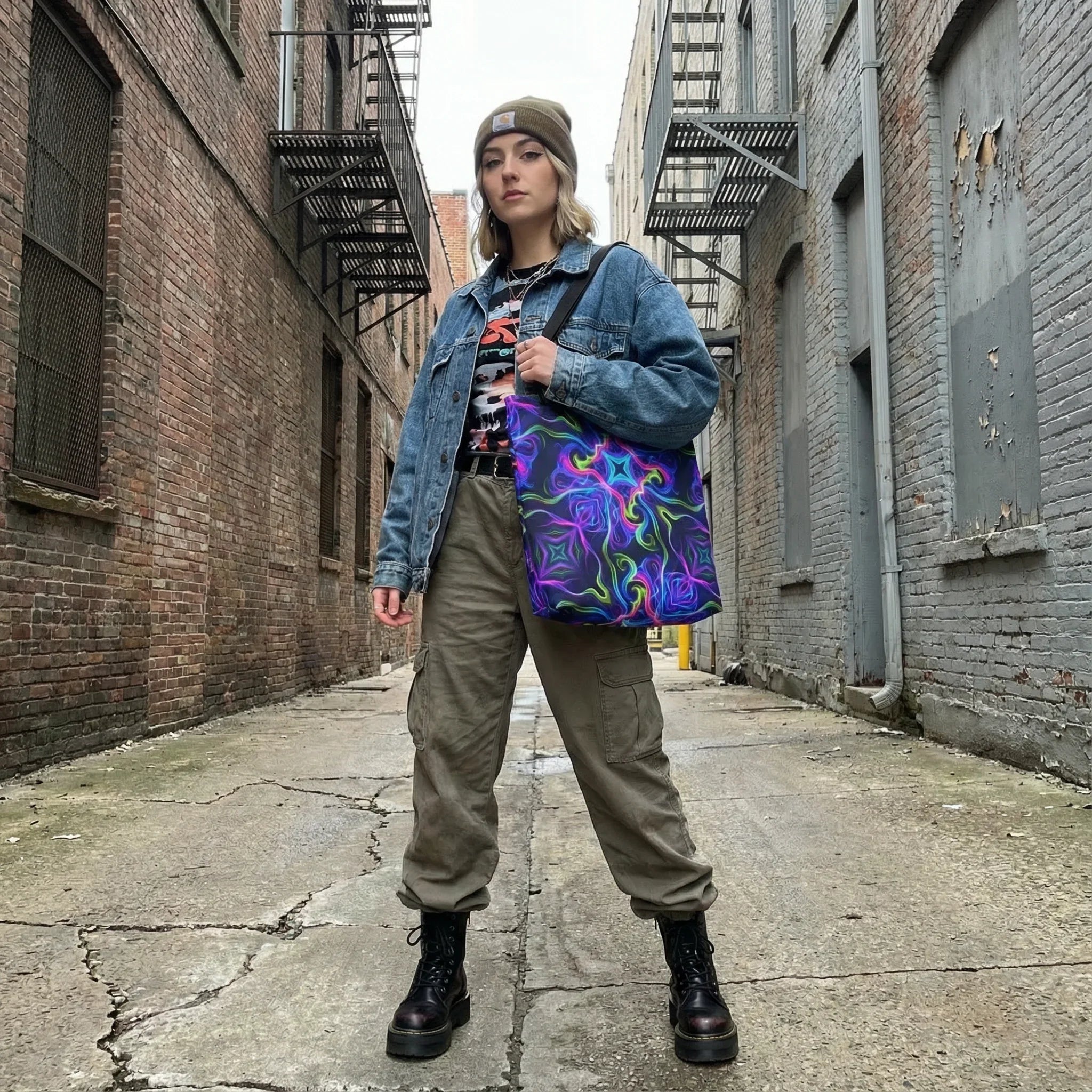 Woman in streetwear with neon psychedelic tote bag, denim jacket, and combat boots in urban alley