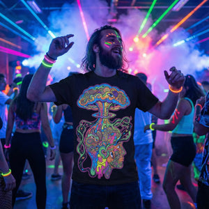 Man dancing at neon party wearing black psychedelic t-shirt with colorful trippy mushroom and face design