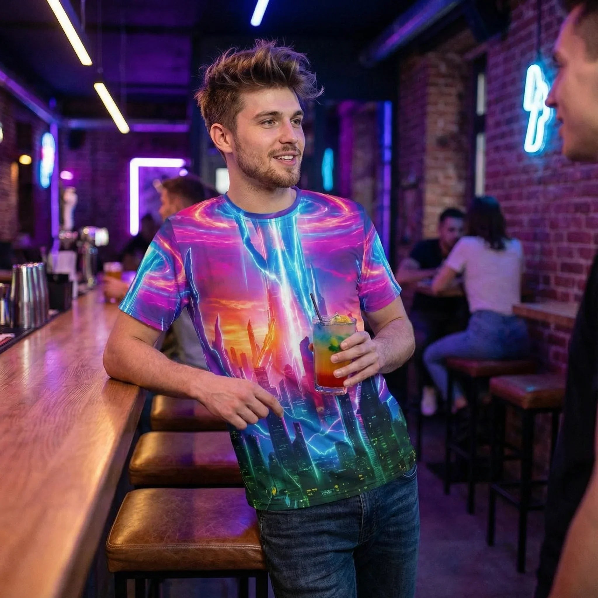 Man in a vibrant psychedelic neon art t-shirt at a bar, Mad Lad Designs streetwear