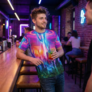 Man in a vibrant psychedelic neon art t-shirt at a bar, Mad Lad Designs streetwear
