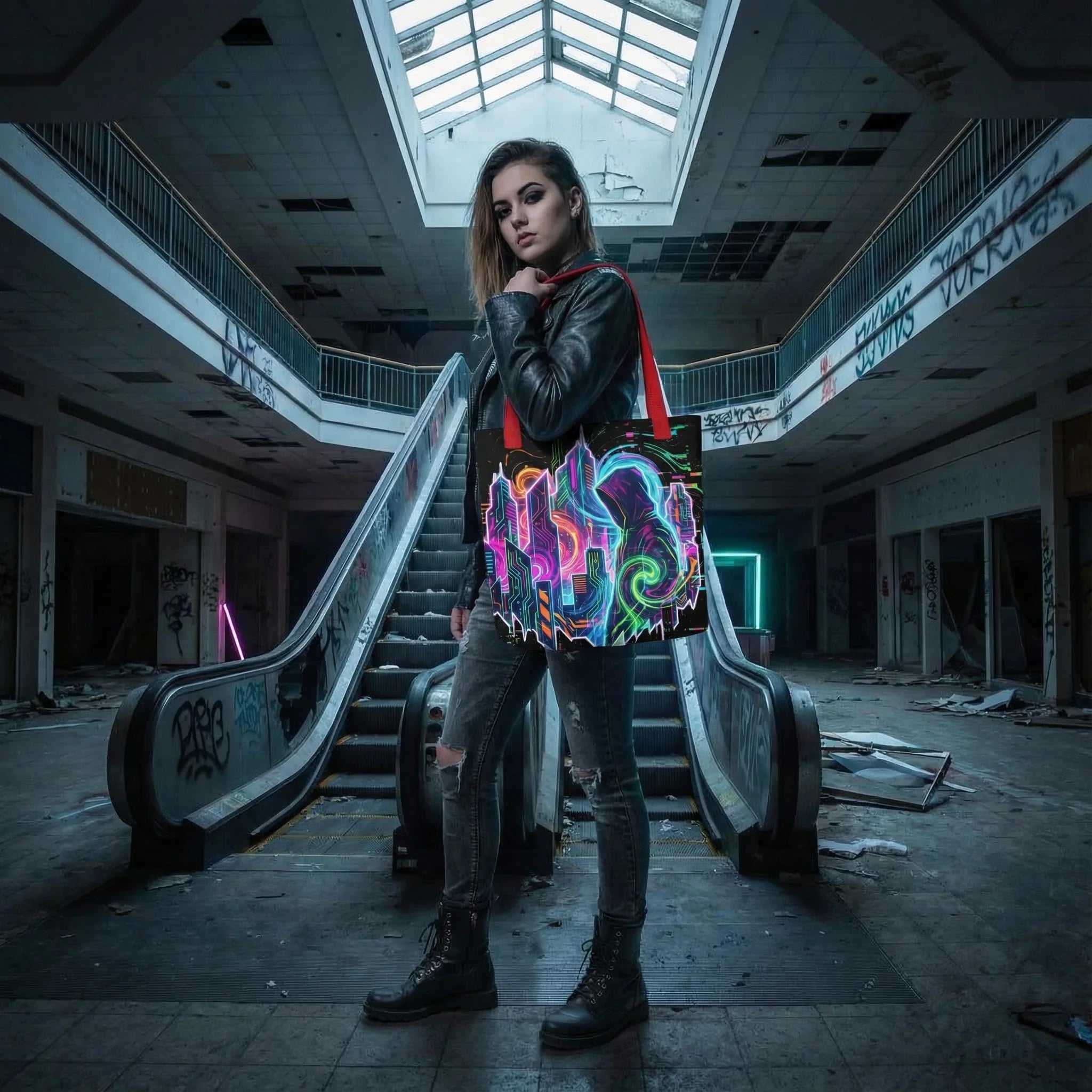 Woman in edgy streetwear posing with a psychedelic neon art tote bag in an abandoned mall