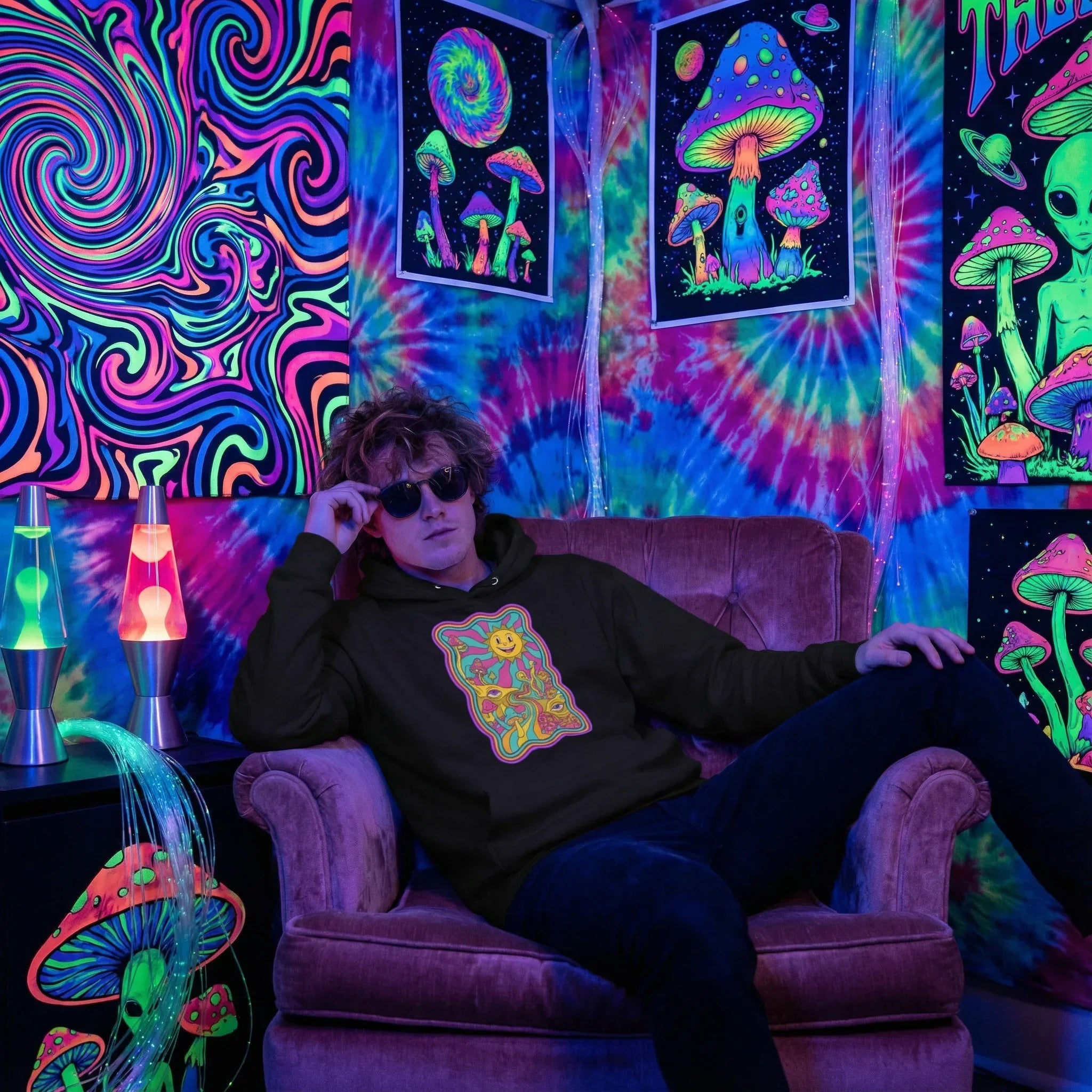 Young man wearing a psychedelic black hoodie with sun and mushroom art, sitting in a vibrant tie-dye room with neon mushroom posters and lava lamps