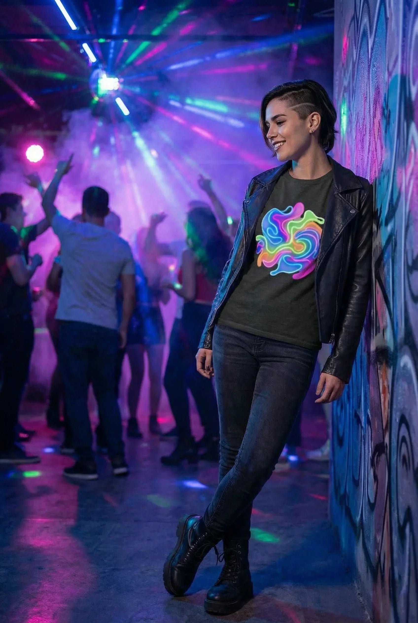 Young woman in leather jacket and neon psychedelic t-shirt leaning against graffiti wall in vibrant nightclub
