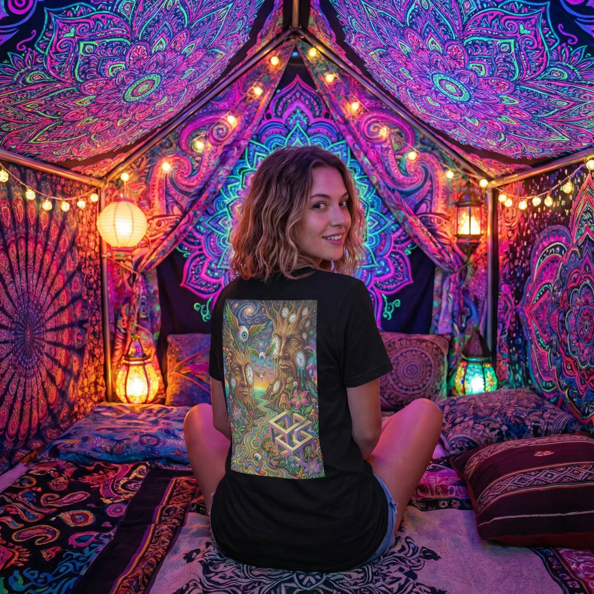 Smiling woman in vibrant psychedelic tent wearing black tee with surreal glowing tree art, neon mandala tapestries