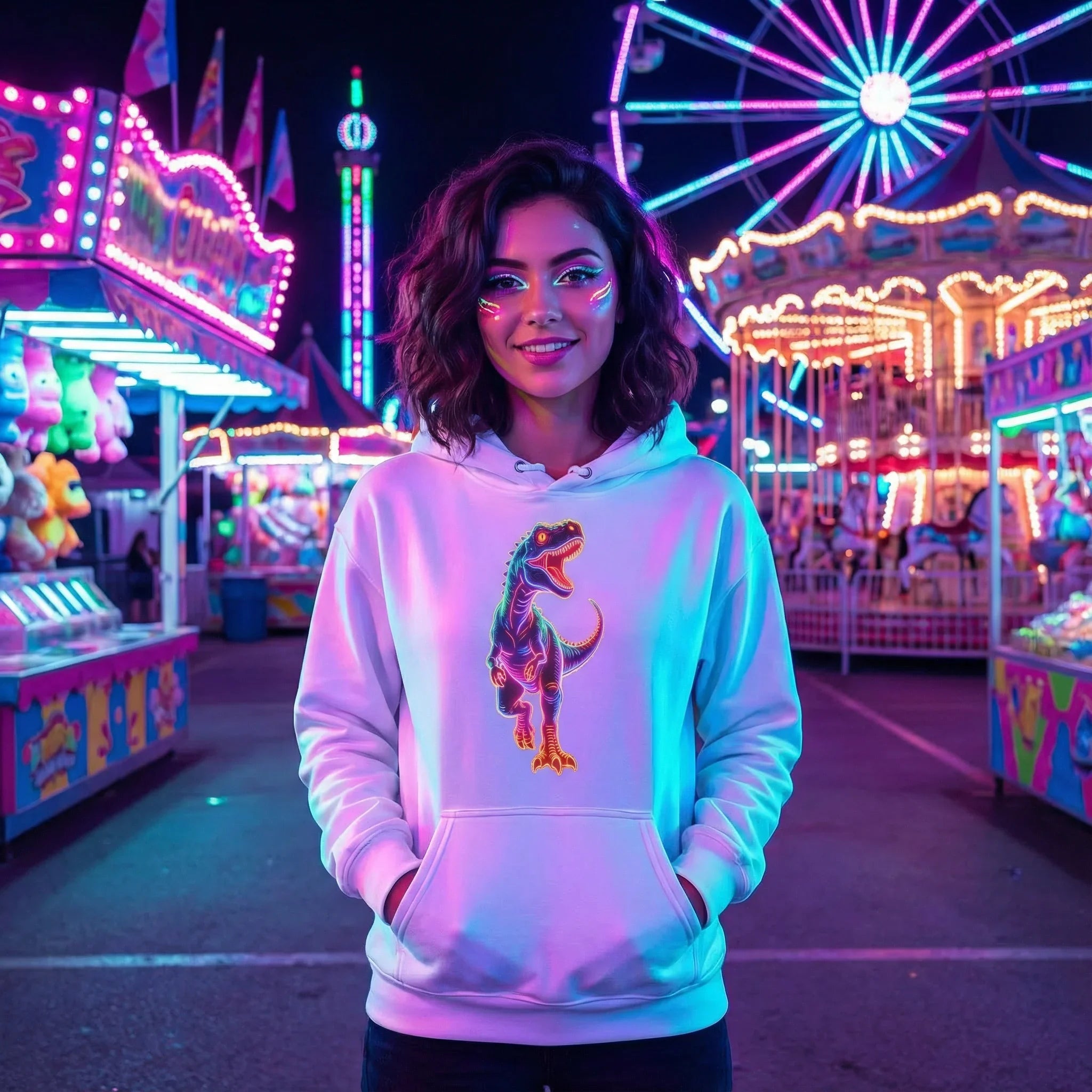 Young woman in white hoodie with dinosaur print at colorful neon-lit amusement park at night