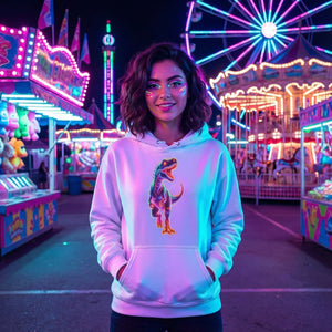 Young woman in white hoodie with dinosaur print at colorful neon-lit amusement park at night