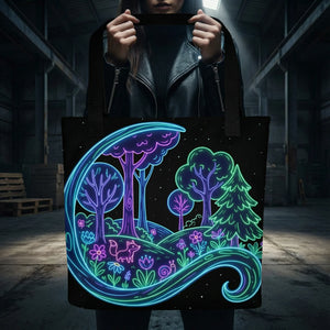 Woman holding Mad Lad Designs tote bag with neon psychedelic forest art, fox and flowers
