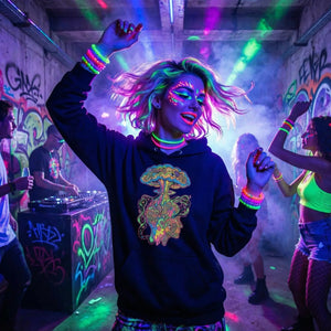 Young woman dancing in a neon-lit rave with colorful UV face paint and a psychedelic hoodie in graffiti-filled venue