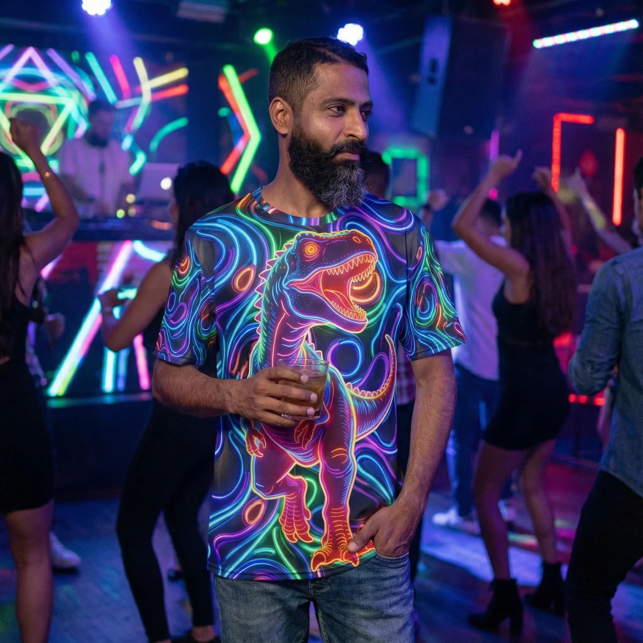 Man at neon-lit club wearing a vibrant psychedelic T-shirt with glowing T-Rex design, holding a drink