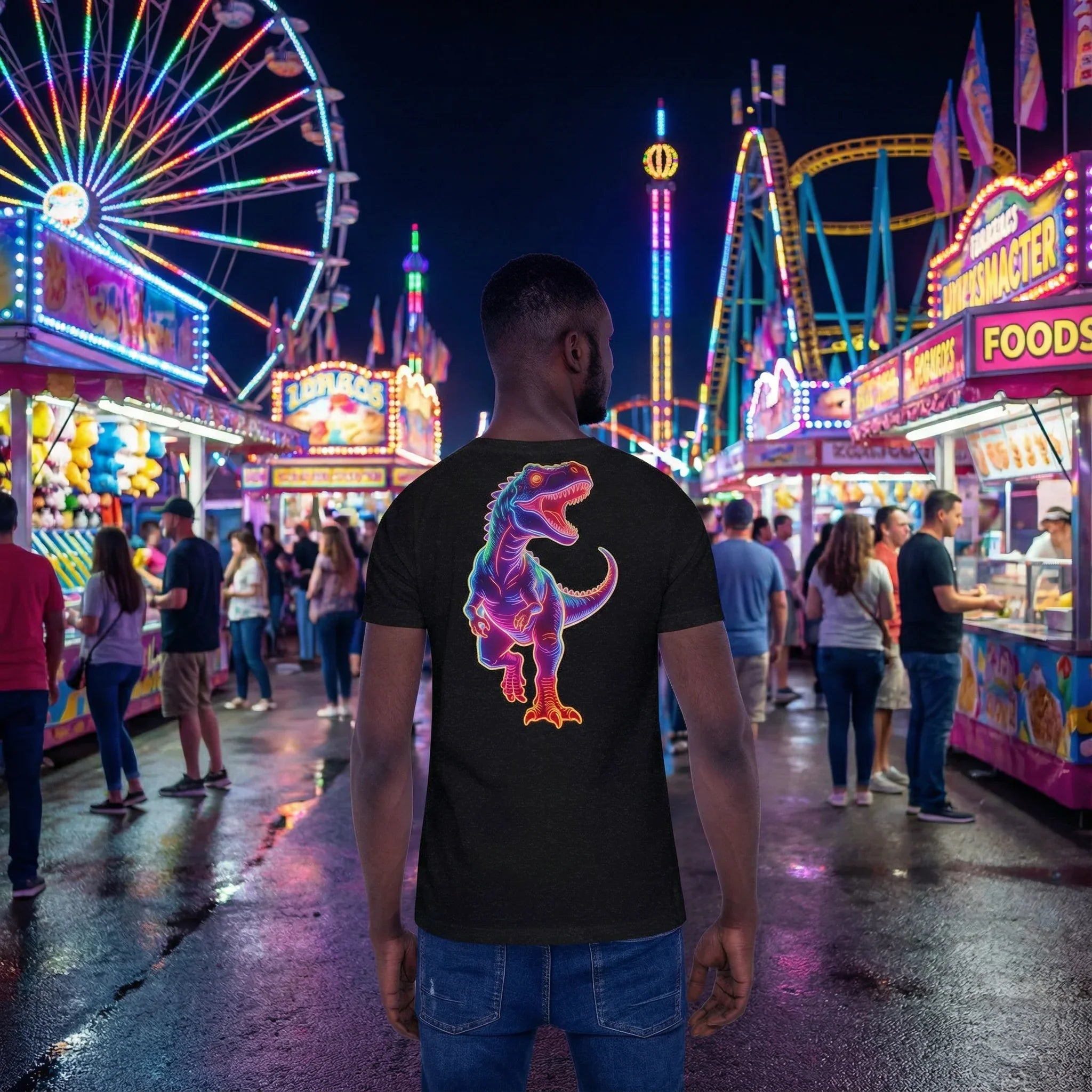 Man wearing black t-shirt with neon dinosaur design at night carnival with colorful rides and food stalls