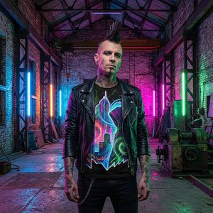 Man in black leather jacket wearing neon psychedelic cityscape t-shirt, vibrant streetwear in colorful industrial setting