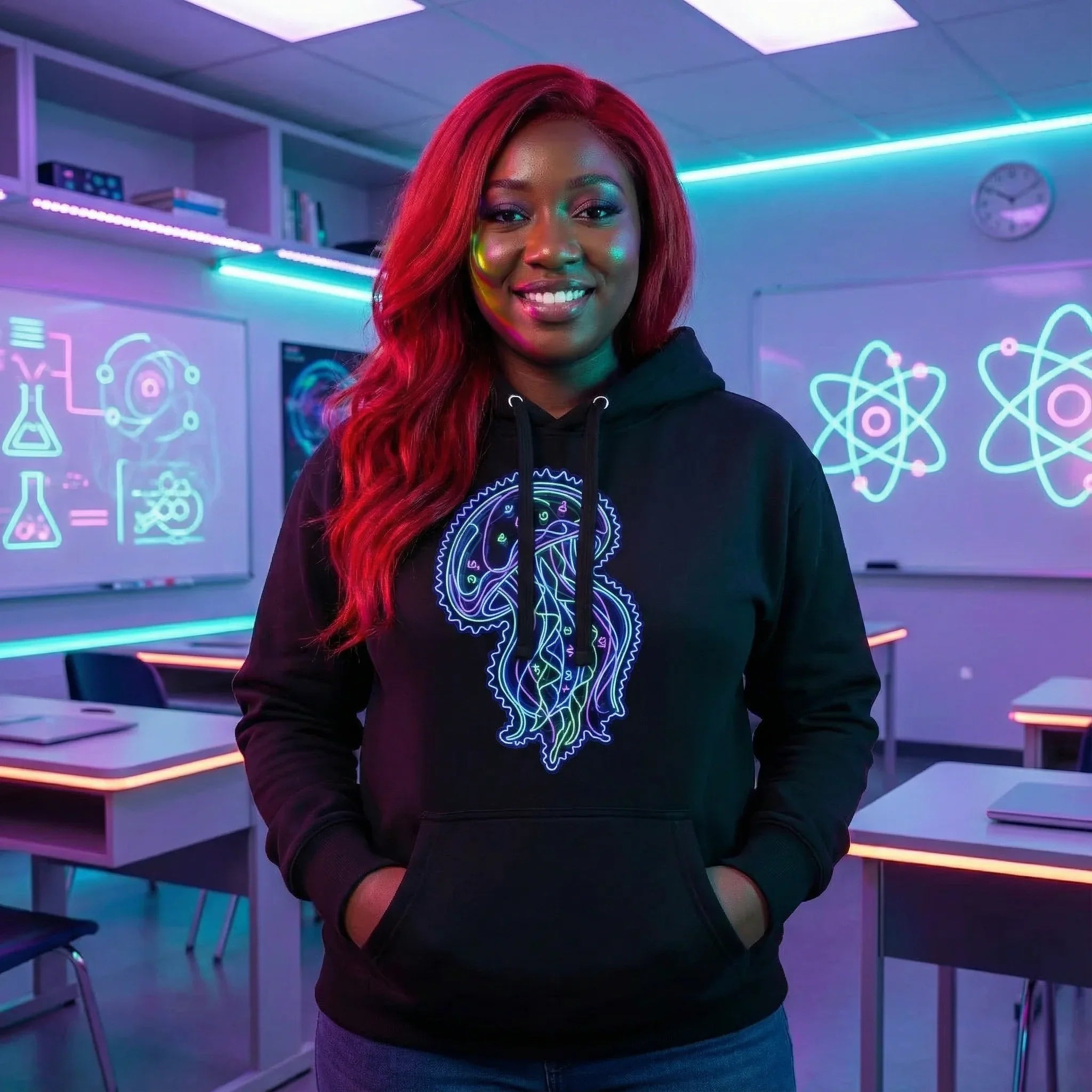 Smiling woman with red hair wearing black hoodie featuring neon jellyfish design in a futuristic neon-lit classroom