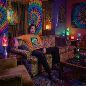 Man in psychedelic orange T-shirt with colorful skull design sitting on vintage sofa in neon-lit room with tie-dye tapestries and lava lamps