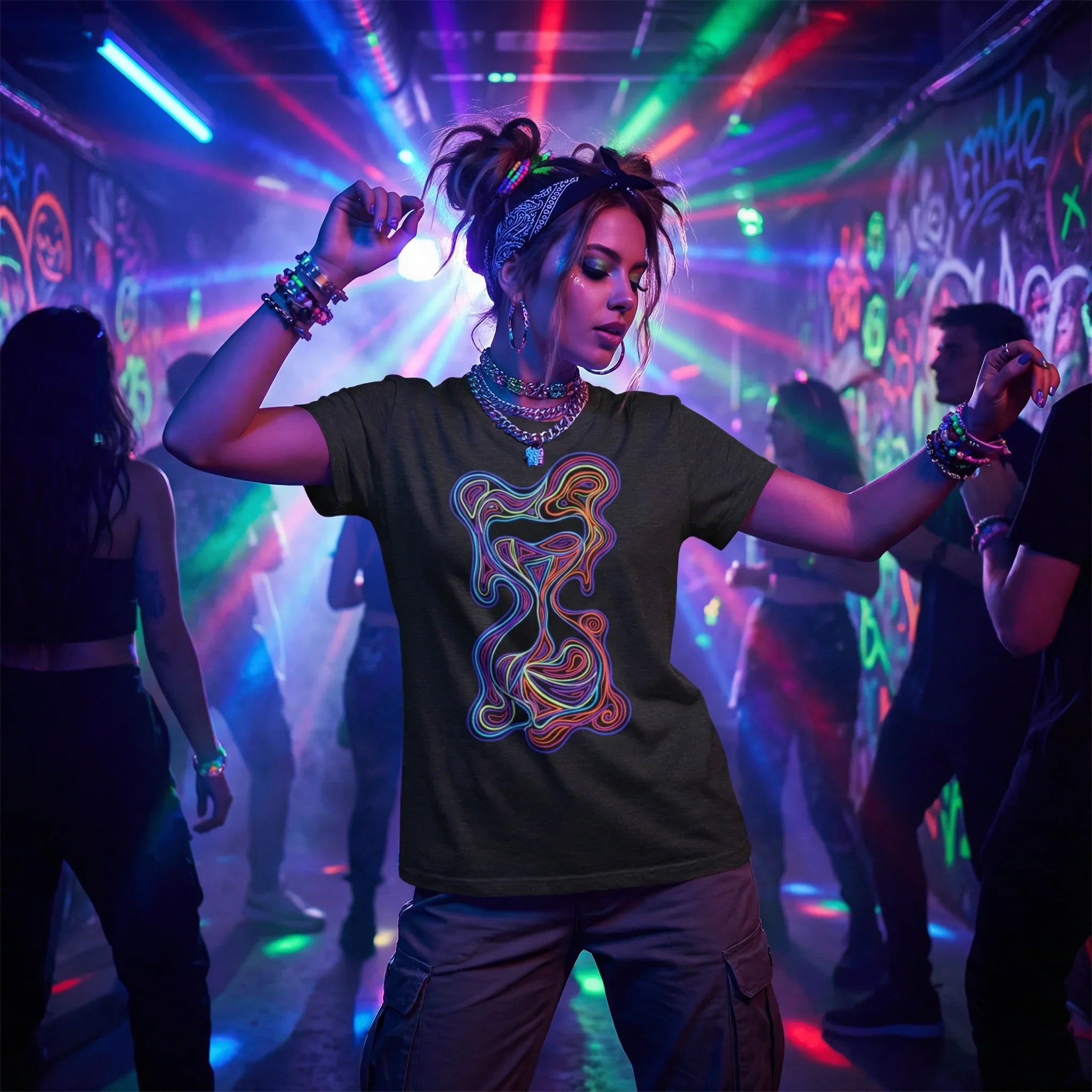 Young woman dancing in neon-lit club wearing dark t-shirt with colorful psychedelic bear design, vibrant streetwear style