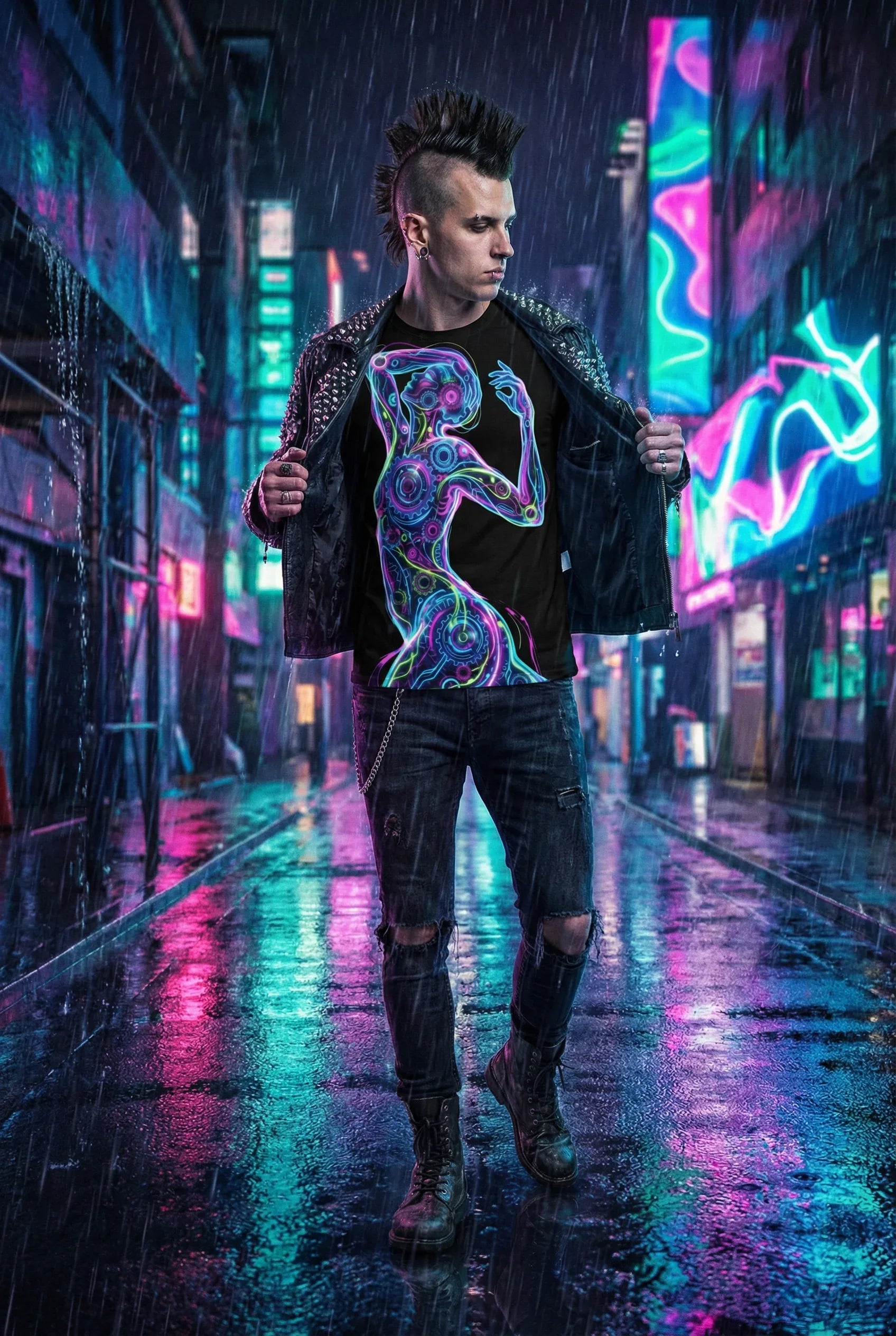 Man in punk streetwear with psychedelic neon art shirt in a vibrant, rainy city at night