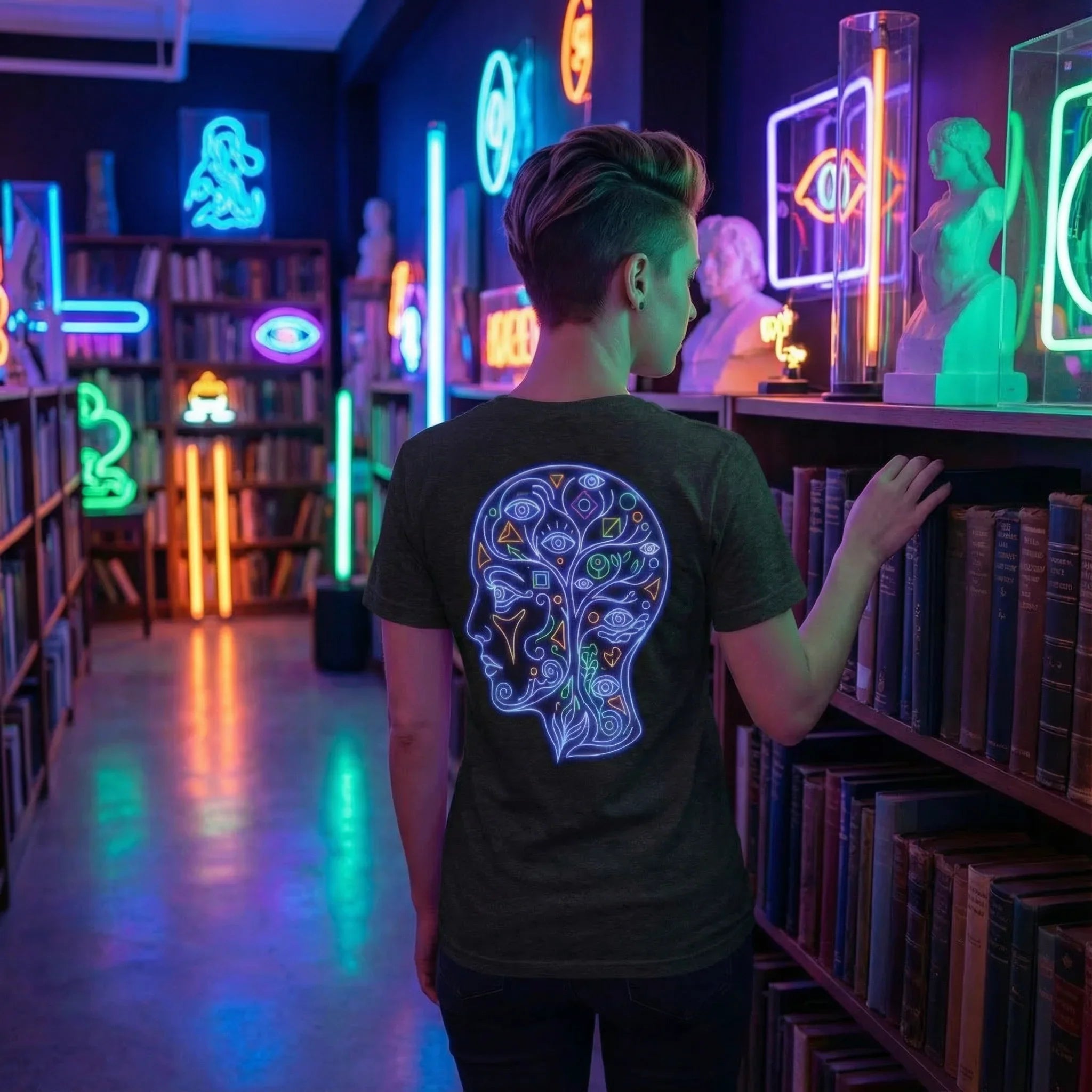 Person wearing black t-shirt with neon psychedelic mind design, standing in neon-lit library with sculptures and books