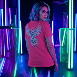 Woman with blue hair wearing a pink t-shirt featuring a neon phoenix design in a vibrant neon-lit room