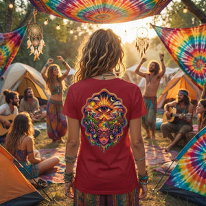 Person wearing red psychedelic art t-shirt with all-seeing eye design at outdoor bohemian festival with tie-dye tents