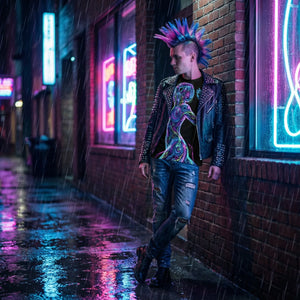 Man in neon psychedelic shirt and studded leather jacket, mohawk hairstyle, standing in rainy urban alley with bright neon lights, vibrant streetwear fashion by Mad Lad Designs.
