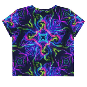 All-over print crop tee with vibrant neon psychedelic kaleidoscope pattern in blue, purple, and green