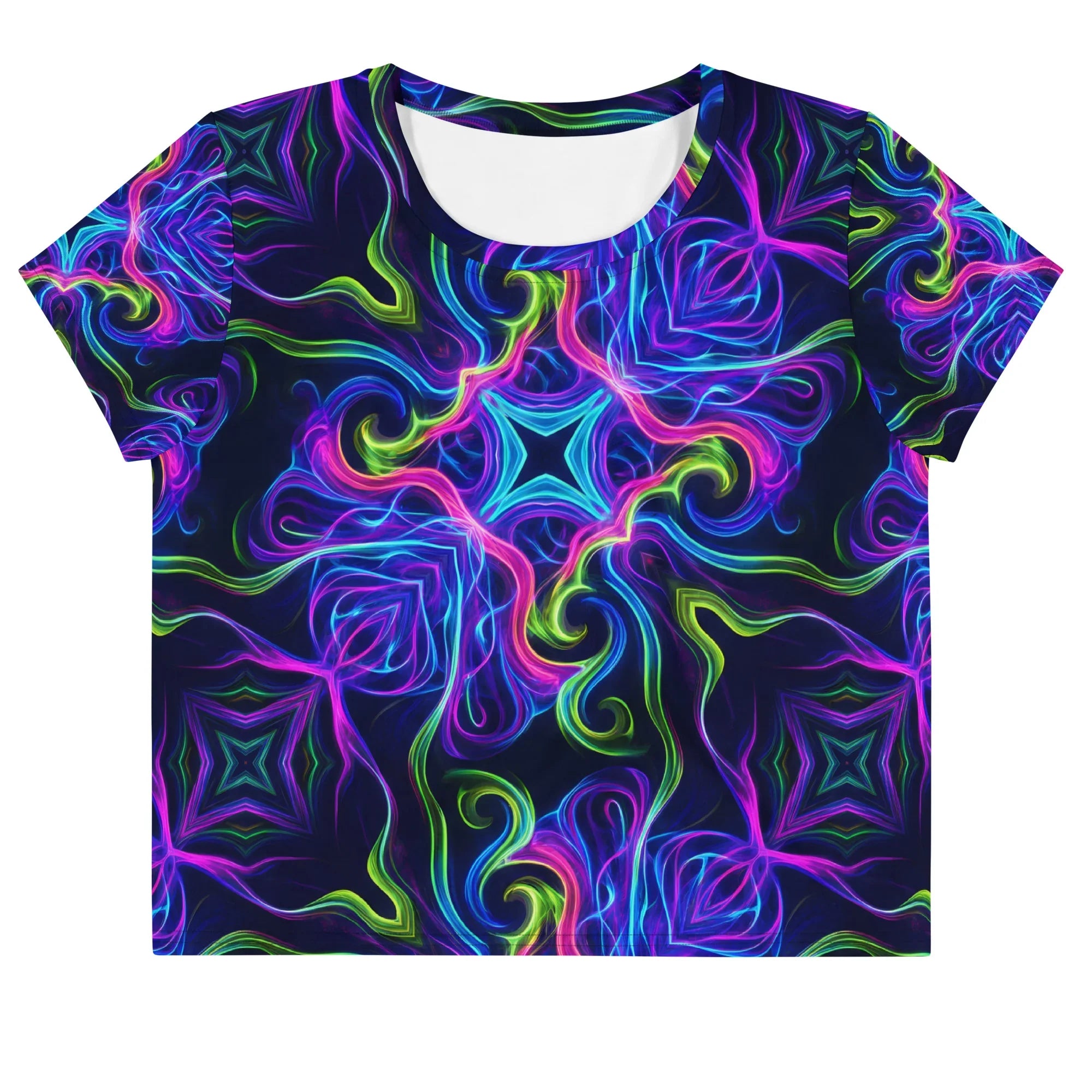 All-over print crop tee with vibrant neon psychedelic swirl and star pattern in blue, pink, green on black