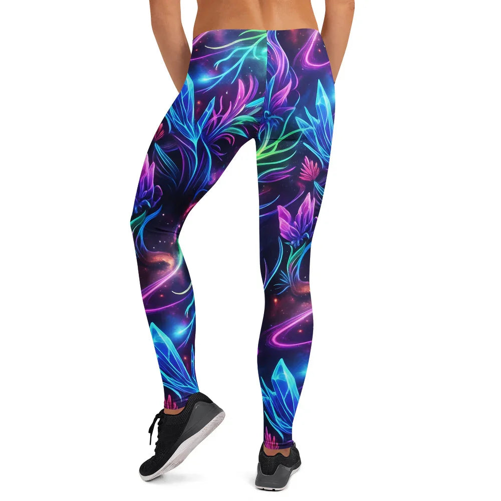 Back view of leggings with vibrant psychedelic floral and neon plant designs in blue, purple, and green