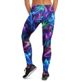 Back view of a woman wearing vibrant psychedelic neon print leggings with abstract art design