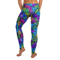 Back view of model wearing Mad Lad Designs psychedelic neon geometric print leggings