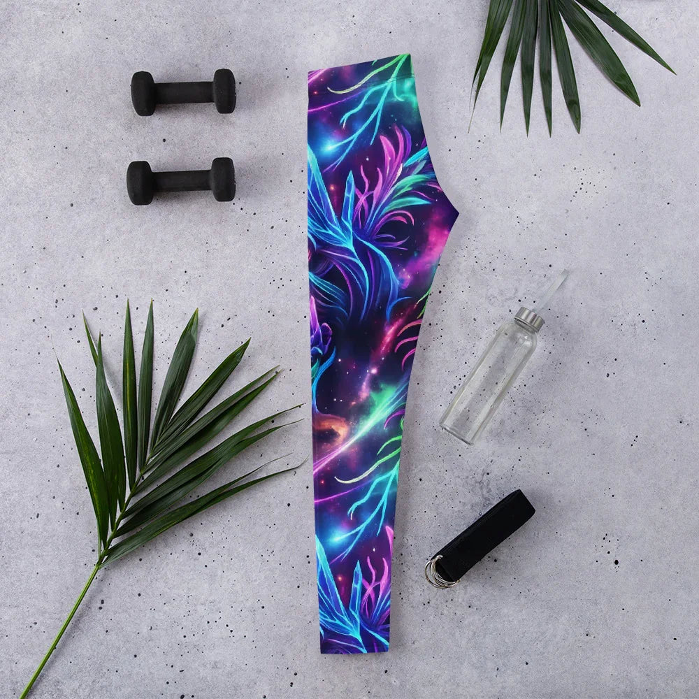 Colorful psychedelic all-over print leggings on concrete floor with black dumbbells, water bottle, yoga strap, and tropical leaves