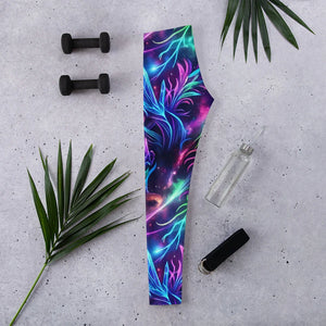 Colorful psychedelic all-over print leggings on concrete floor with black dumbbells, water bottle, yoga strap, and tropical leaves