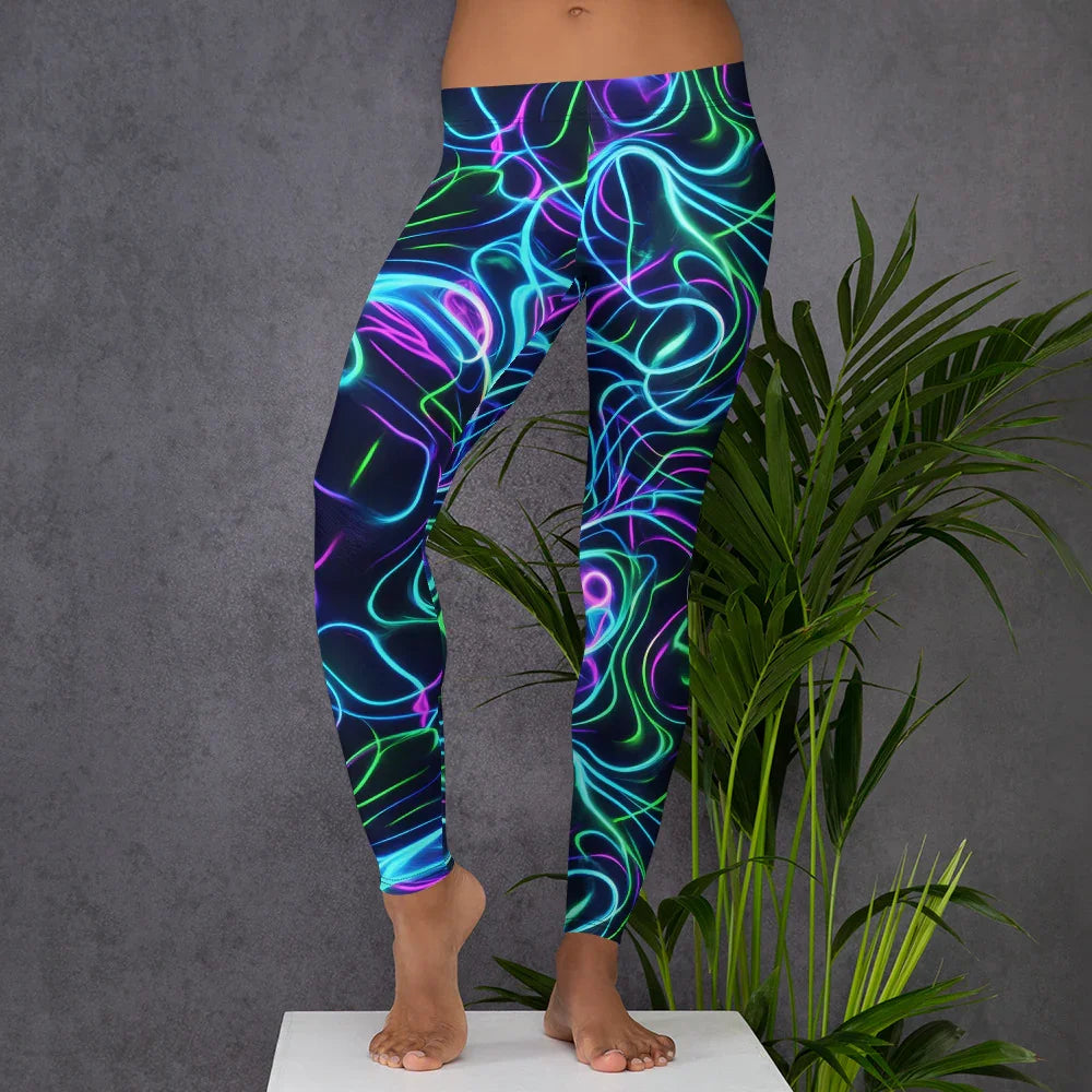 Leggings with bright neon psychedelic swirl patterns in blue, green, and purple on black background