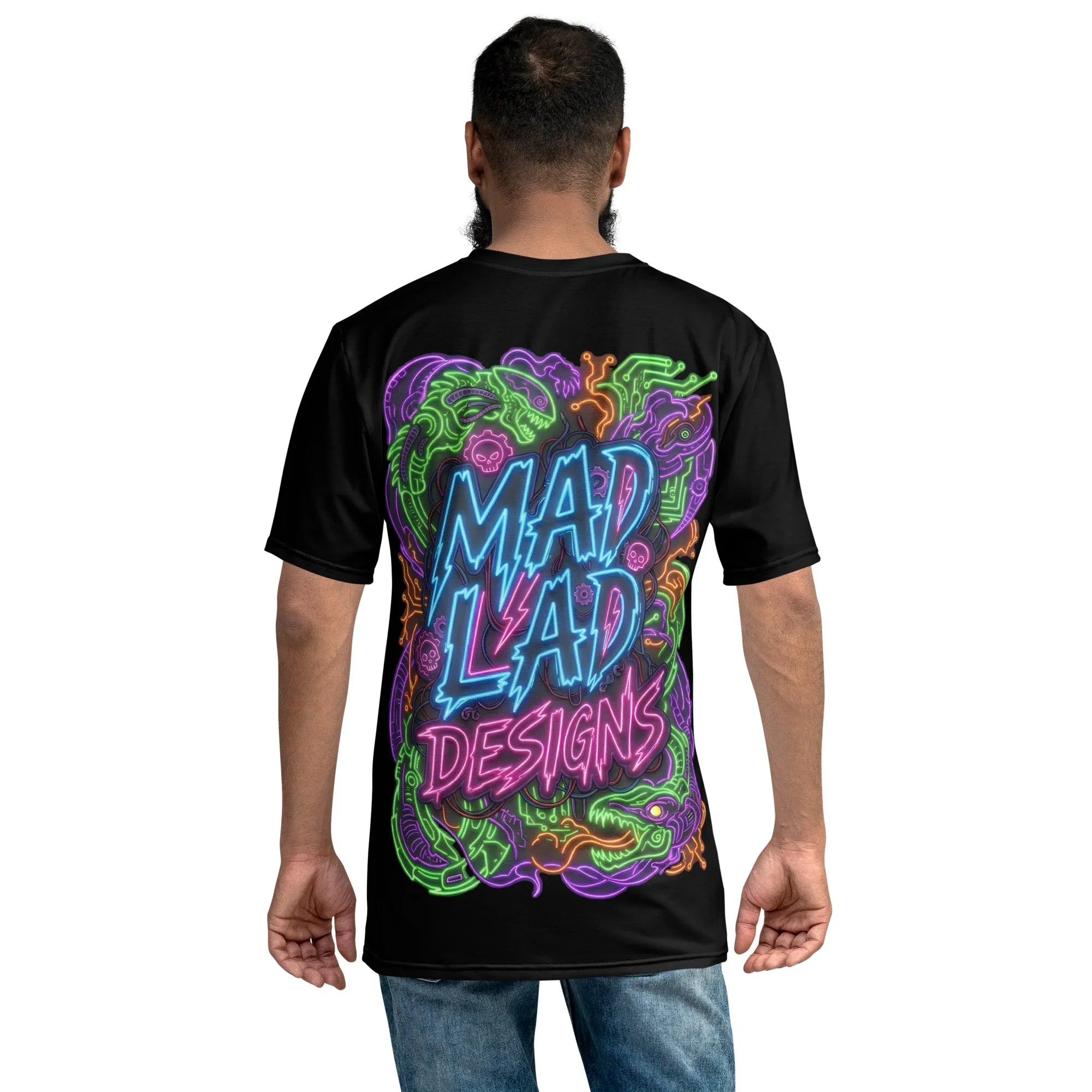 Man wearing black crew neck t-shirt with vibrant neon Mad Lad Designs graffiti style on back